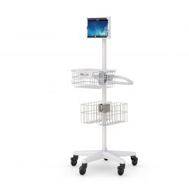 Mobile tablet cart with ELBI locking wire basket and storage baskets