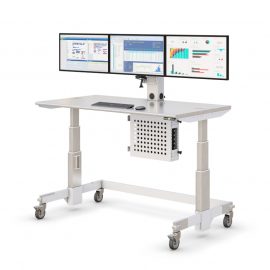 Mobile Desk with wide working surface and triple monitor mounts