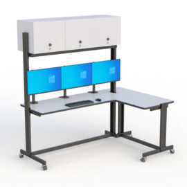 L-Shaped Workbench Desk with over-head flipper cabinets